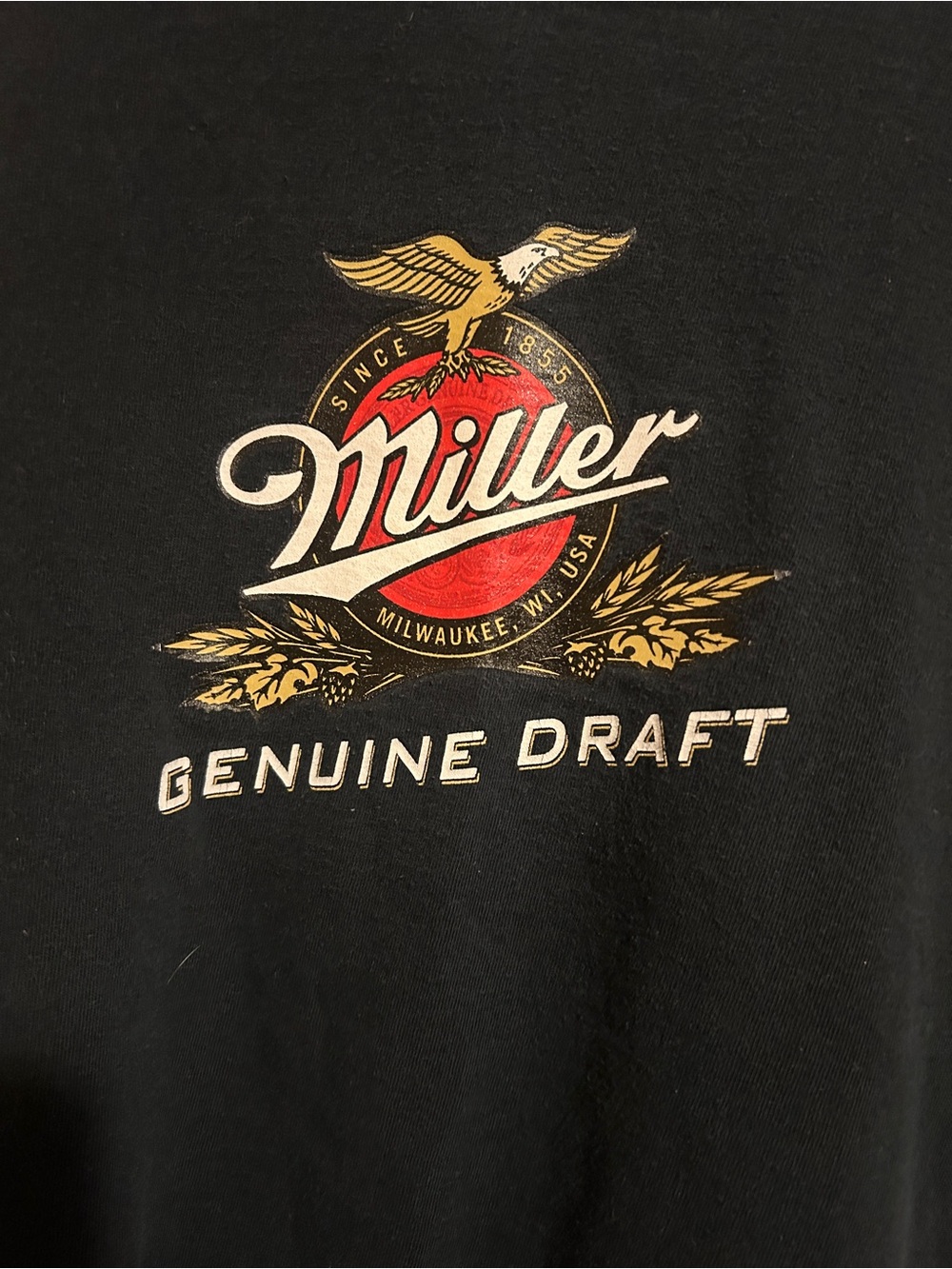 Gildan Black Crewneck Sweater with Miller Genuine Draft Logo - Red, Gold, White